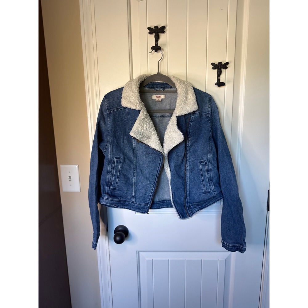 Mossimo Supply Co Denim Moto Jacket Faux Shearling Collar Blue Medium Wash Large